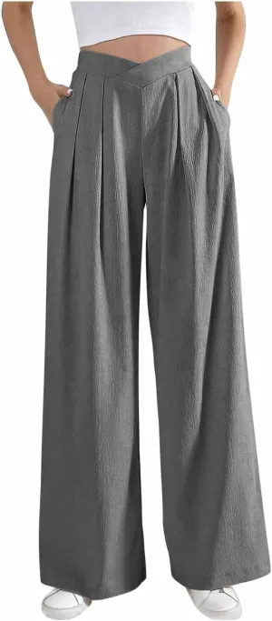 Lmdudan 2025 Womens Wide Leg Pants Crossover Waist Pleated Front Casual Work Pant Summer Lounge Trousers with Pockets