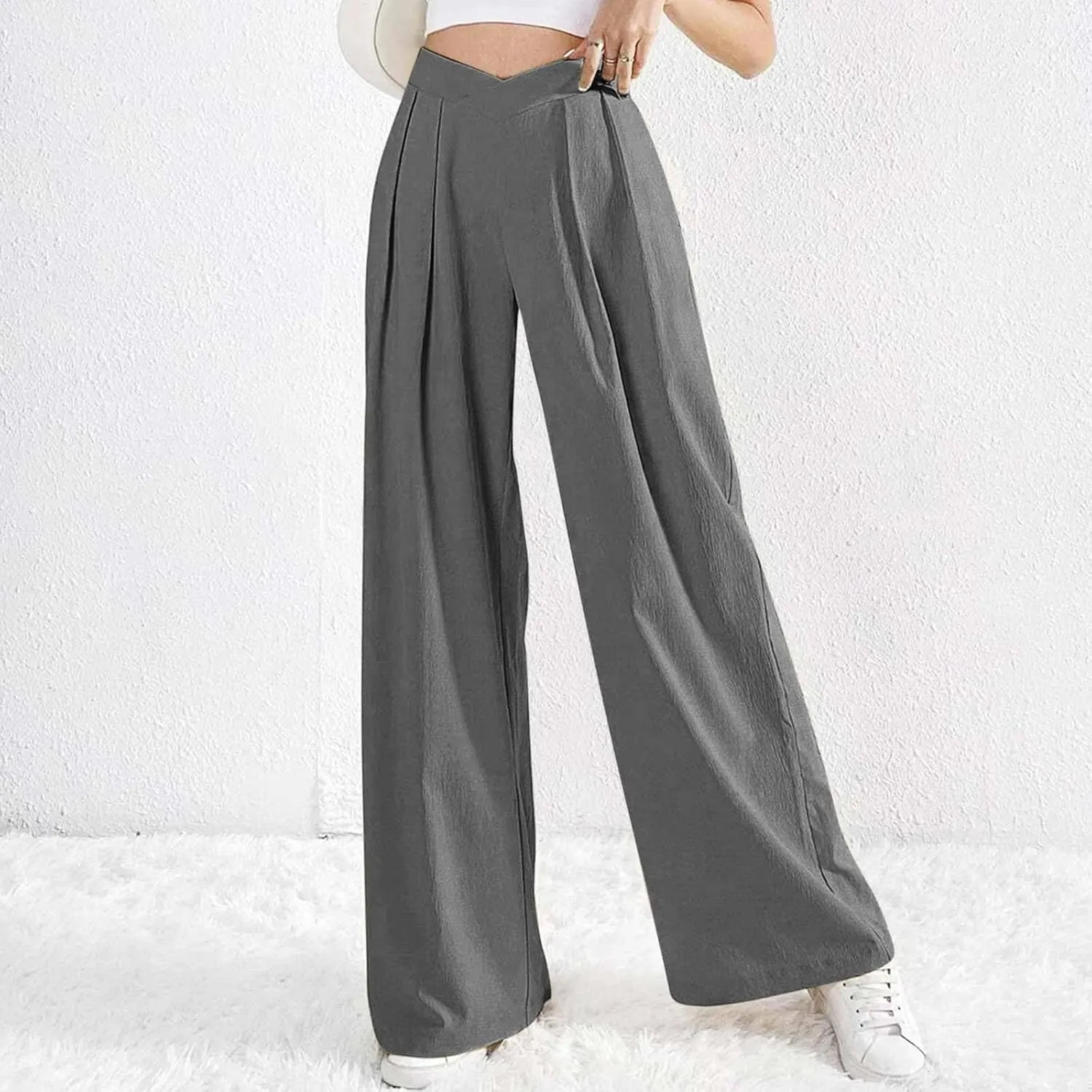 Lmdudan 2025 Womens Wide Leg Pants Crossover Waist Pleated Front Casual Work Pant Summer Lounge Trousers with Pockets