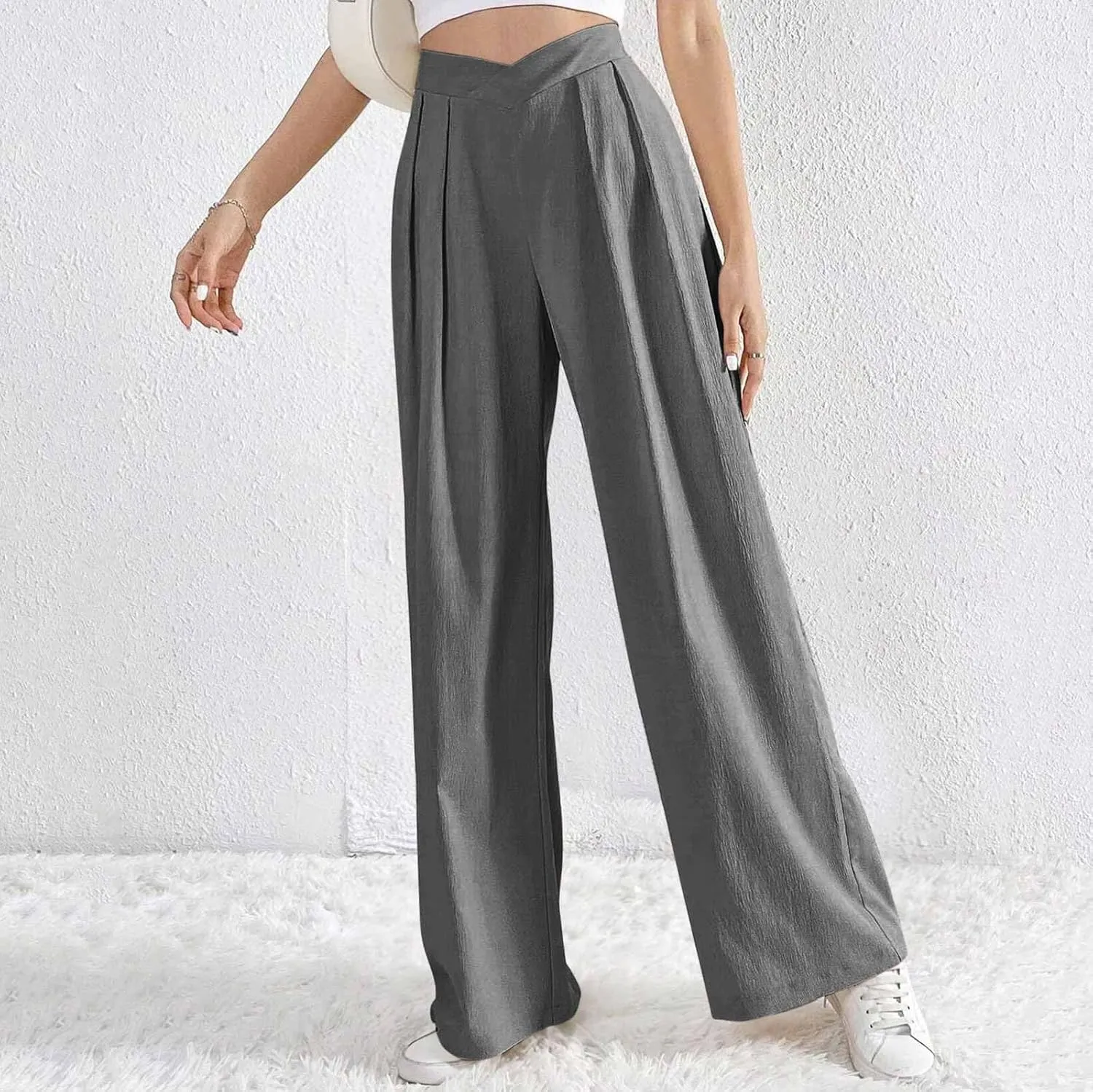 Lmdudan 2025 Womens Wide Leg Pants Crossover Waist Pleated Front Casual Work Pant Summer Lounge Trousers with Pockets