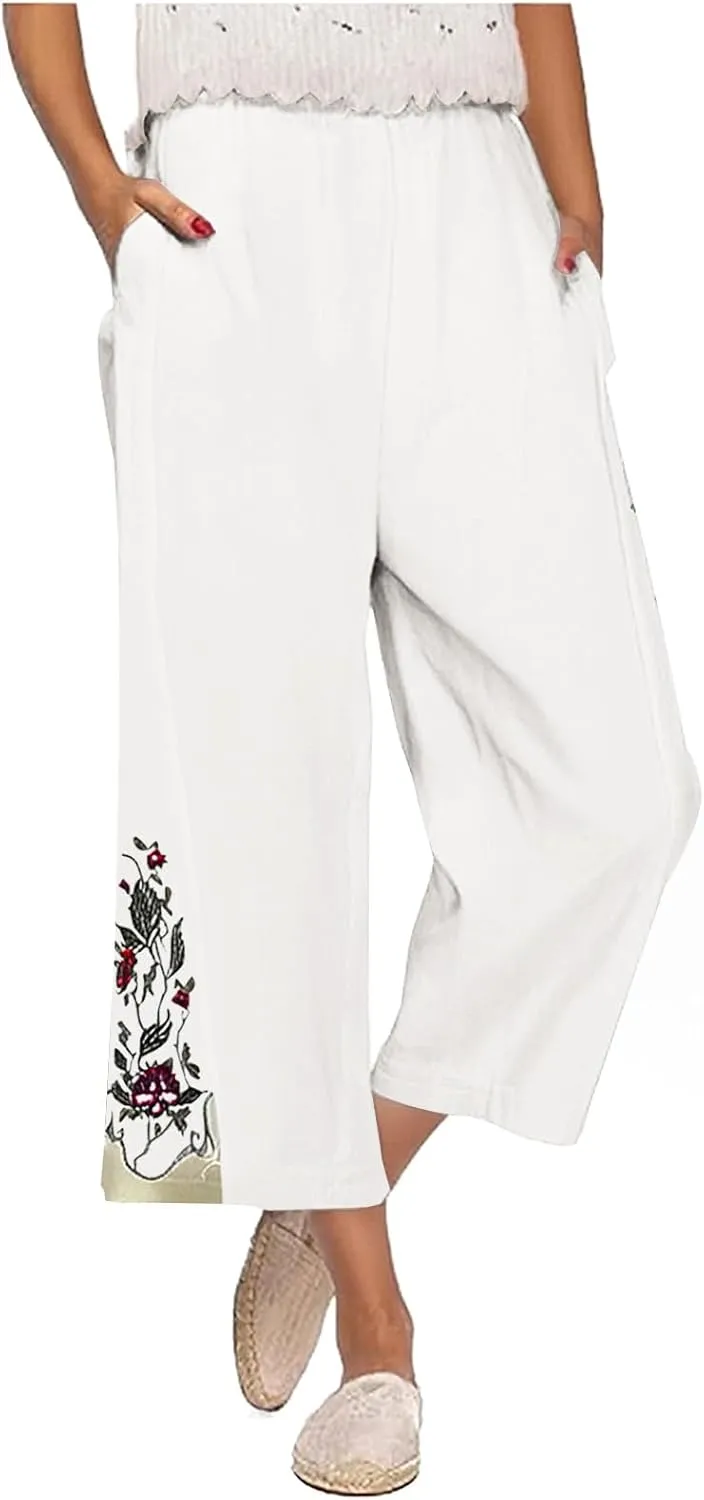 Lmdudan Cotton Linen Embroidery Capri Pants for Women Summer Elastic Waist Wide Leg Pant Lounge Beach Holiday Cropped Trouser