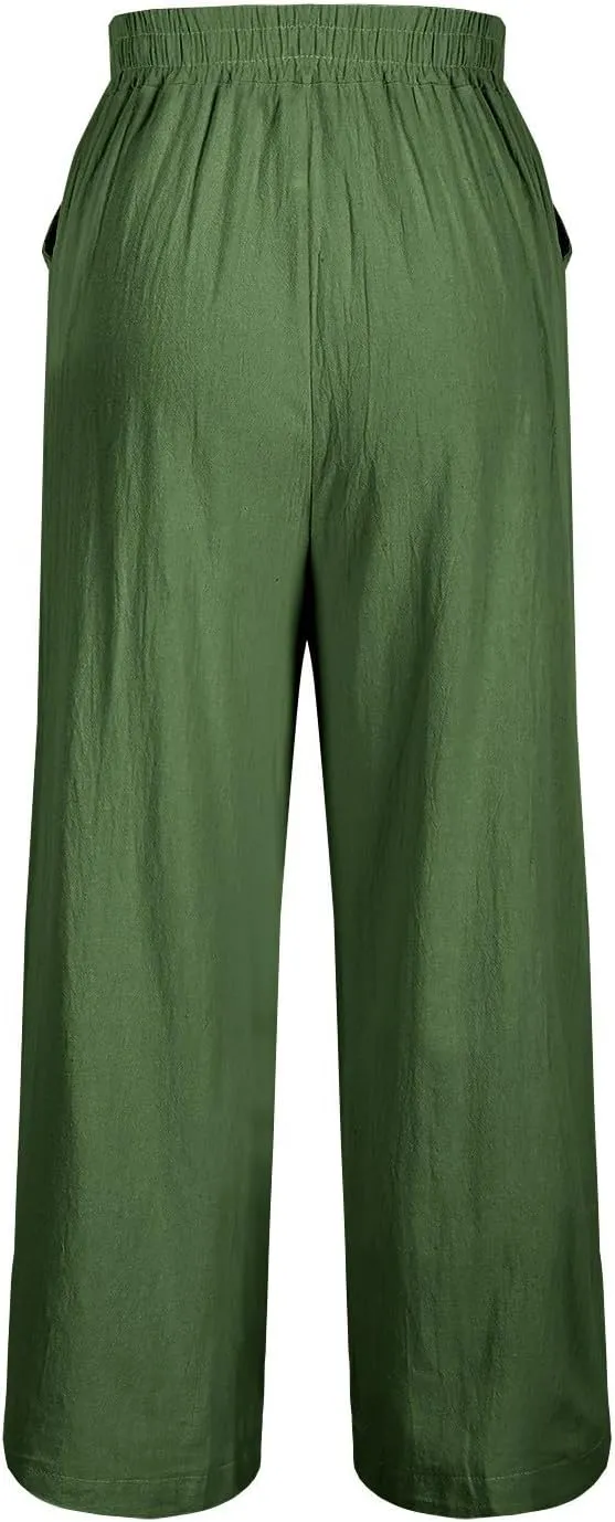 Lmdudan Cotton Linen Embroidery Capri Pants for Women Summer Elastic Waist Wide Leg Pant Lounge Beach Holiday Cropped Trouser