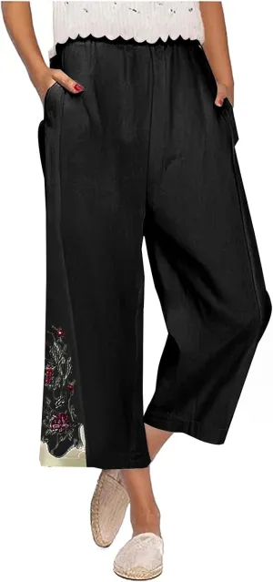 Lmdudan Cotton Linen Embroidery Capri Pants for Women Summer Elastic Waist Wide Leg Pant Lounge Beach Holiday Cropped Trouser