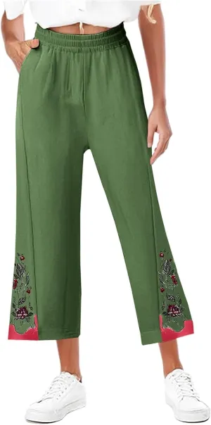 Lmdudan Cotton Linen Embroidery Capri Pants for Women Summer Elastic Waist Wide Leg Pant Lounge Beach Holiday Cropped Trouser