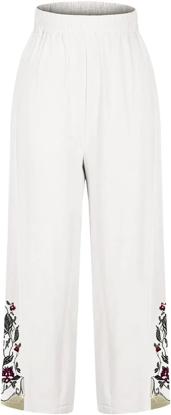 Lmdudan Cotton Linen Embroidery Capri Pants for Women Summer Elastic Waist Wide Leg Pant Lounge Beach Holiday Cropped Trouser