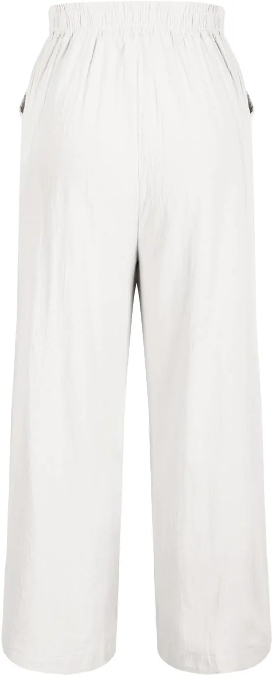 Lmdudan Cotton Linen Embroidery Capri Pants for Women Summer Elastic Waist Wide Leg Pant Lounge Beach Holiday Cropped Trouser