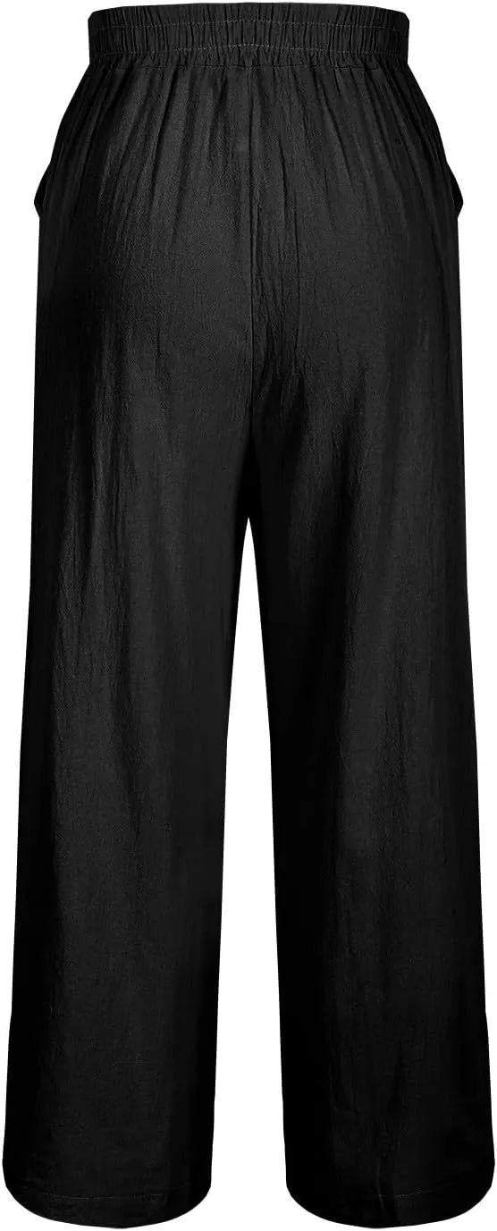 Lmdudan Cotton Linen Embroidery Capri Pants for Women Summer Elastic Waist Wide Leg Pant Lounge Beach Holiday Cropped Trouser