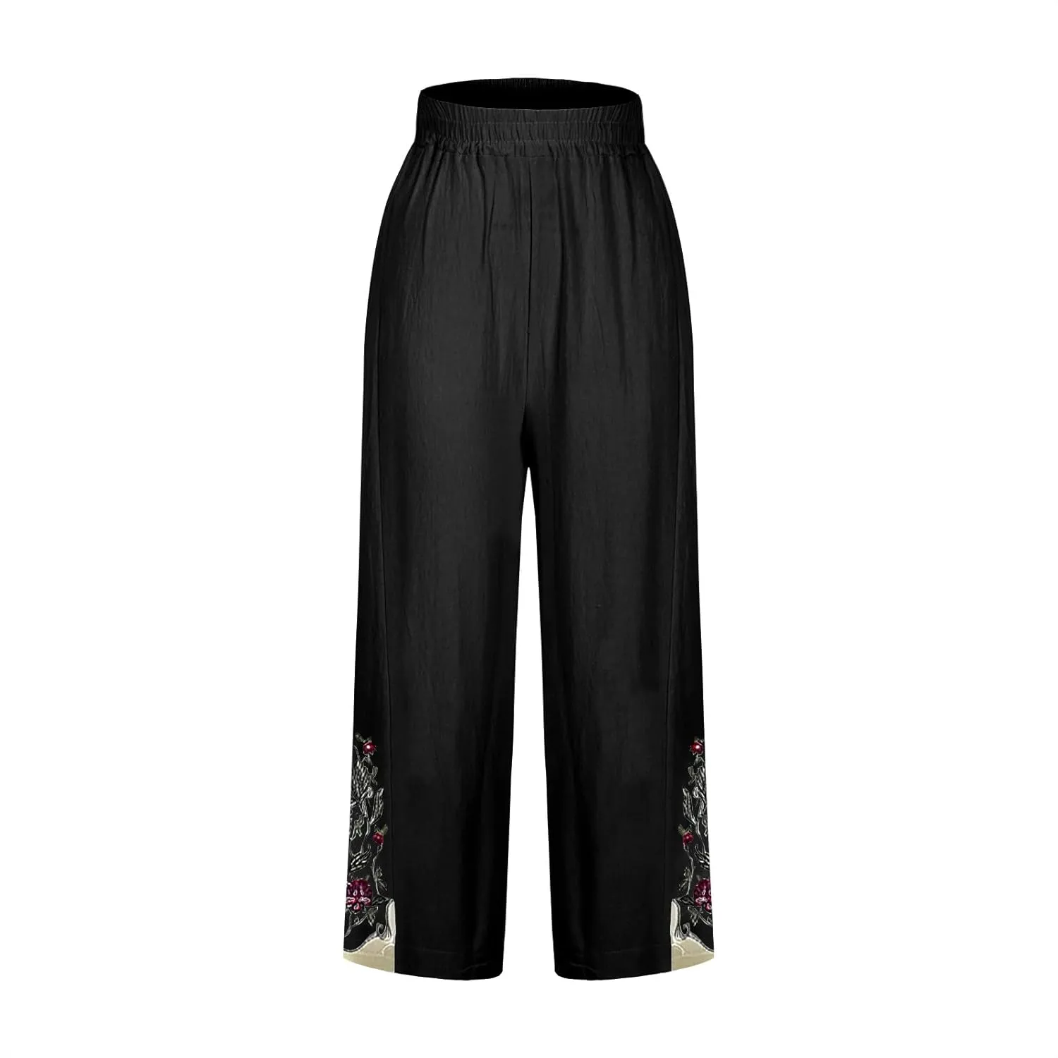 Lmdudan Cotton Linen Embroidery Capri Pants for Women Summer Elastic Waist Wide Leg Pant Lounge Beach Holiday Cropped Trouser