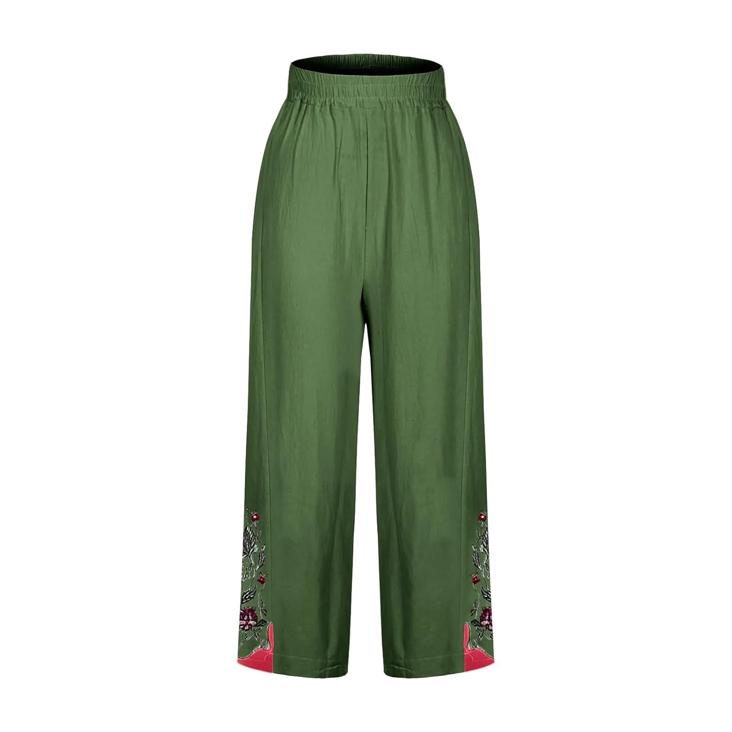Lmdudan Cotton Linen Embroidery Capri Pants for Women Summer Elastic Waist Wide Leg Pant Lounge Beach Holiday Cropped Trouser
