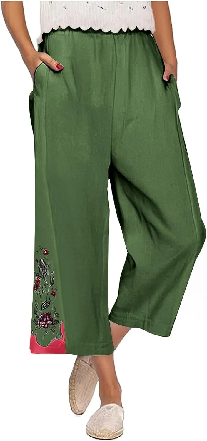 Lmdudan Cotton Linen Embroidery Capri Pants for Women Summer Elastic Waist Wide Leg Pant Lounge Beach Holiday Cropped Trouser