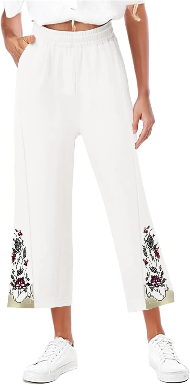 Lmdudan Cotton Linen Embroidery Capri Pants for Women Summer Elastic Waist Wide Leg Pant Lounge Beach Holiday Cropped Trouser