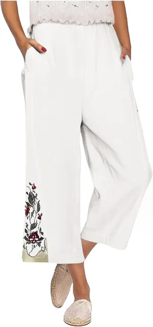 Lmdudan Cotton Linen Embroidery Capri Pants for Women Summer Elastic Waist Wide Leg Pant Lounge Beach Holiday Cropped Trouser