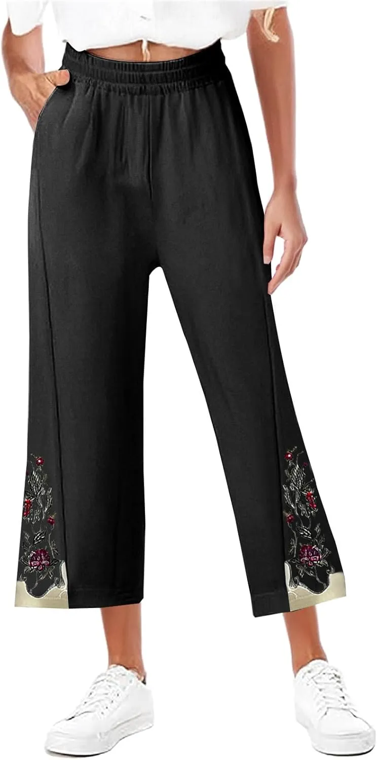 Lmdudan Cotton Linen Embroidery Capri Pants for Women Summer Elastic Waist Wide Leg Pant Lounge Beach Holiday Cropped Trouser