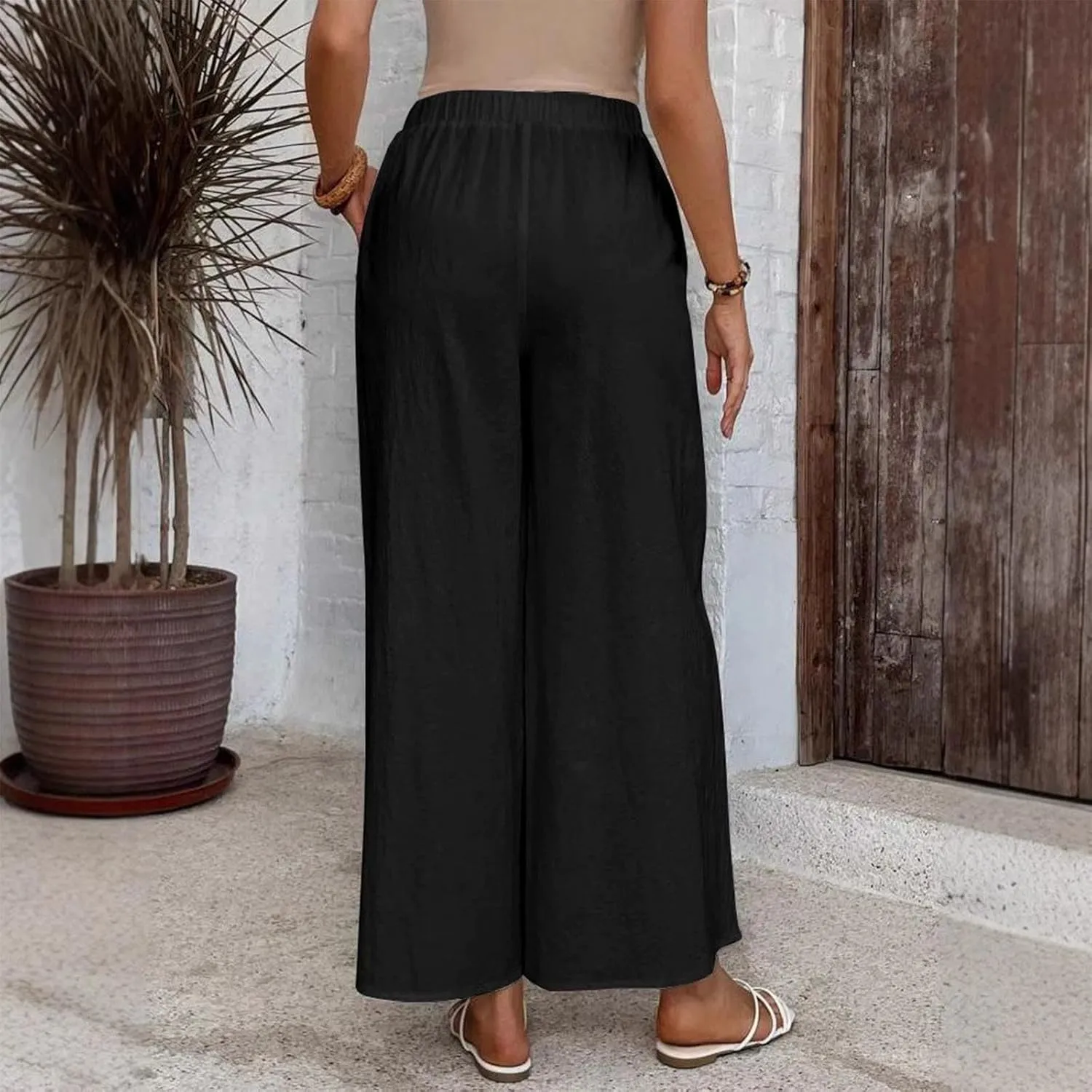 Lmdudan Cotton Linen Pants for Women 2025 Casual High Waist Wide Leg Palazzo Pants Summer Button Down Trousers with Pocket