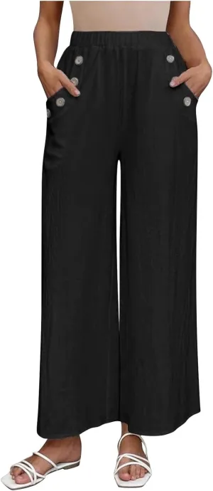 Lmdudan Cotton Linen Pants for Women 2025 Casual High Waist Wide Leg Palazzo Pants Summer Button Down Trousers with Pocket