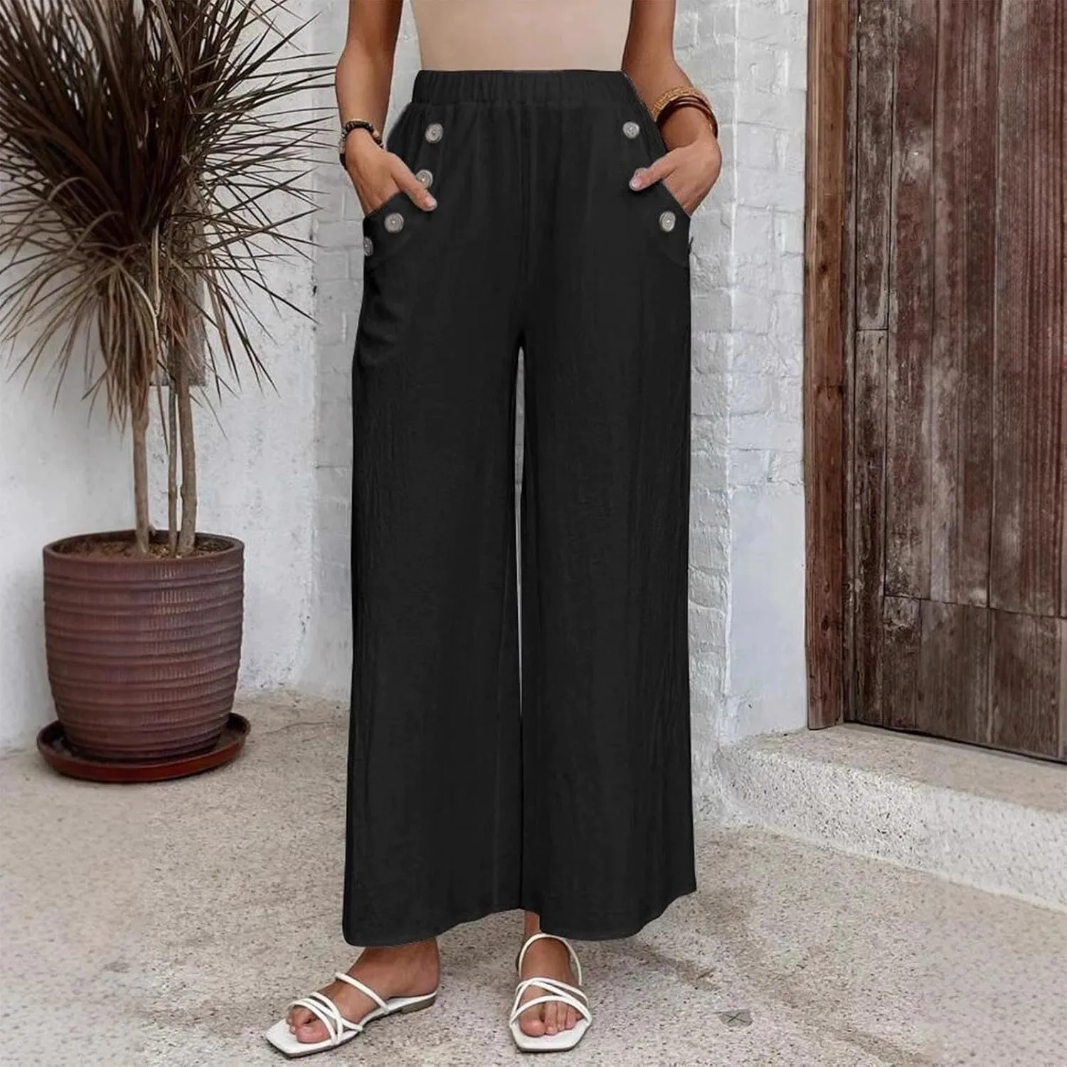 Lmdudan Cotton Linen Pants for Women 2025 Casual High Waist Wide Leg Palazzo Pants Summer Button Down Trousers with Pocket