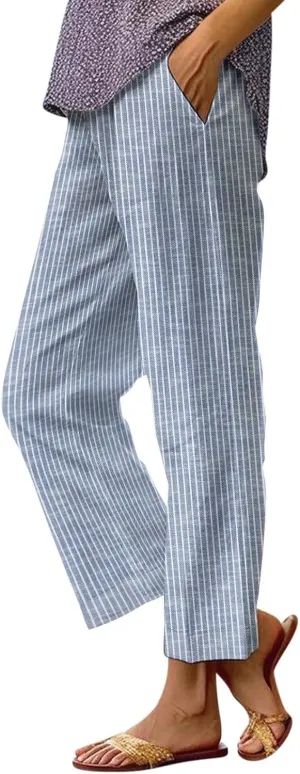 Lmdudan Cotton Linen Pants Women Elastic Waisted Drawstring Summer Cropped Pant Travel Vacation Beach Baggy Capri Trousers