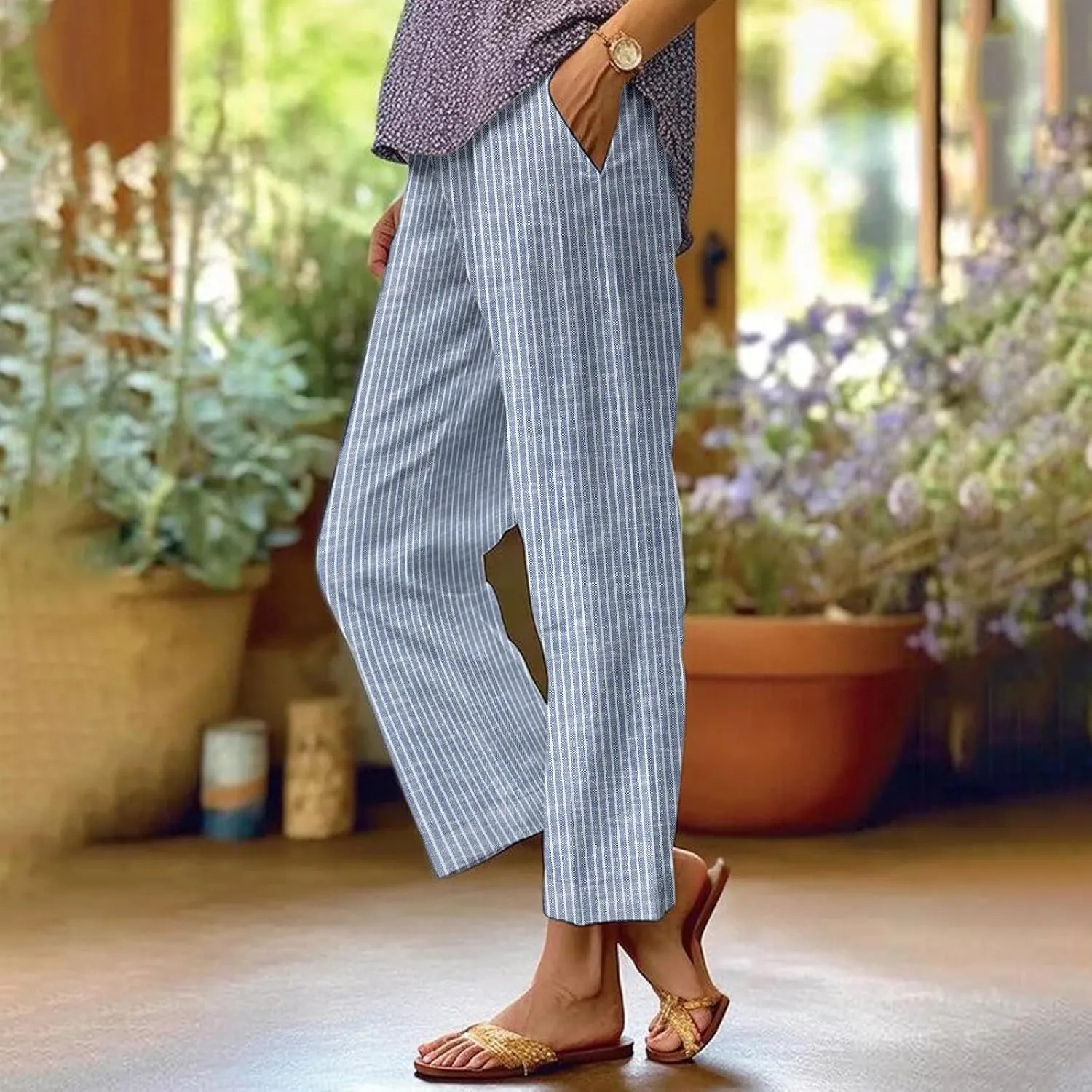 Lmdudan Cotton Linen Pants Women Elastic Waisted Drawstring Summer Cropped Pant Travel Vacation Beach Baggy Capri Trousers