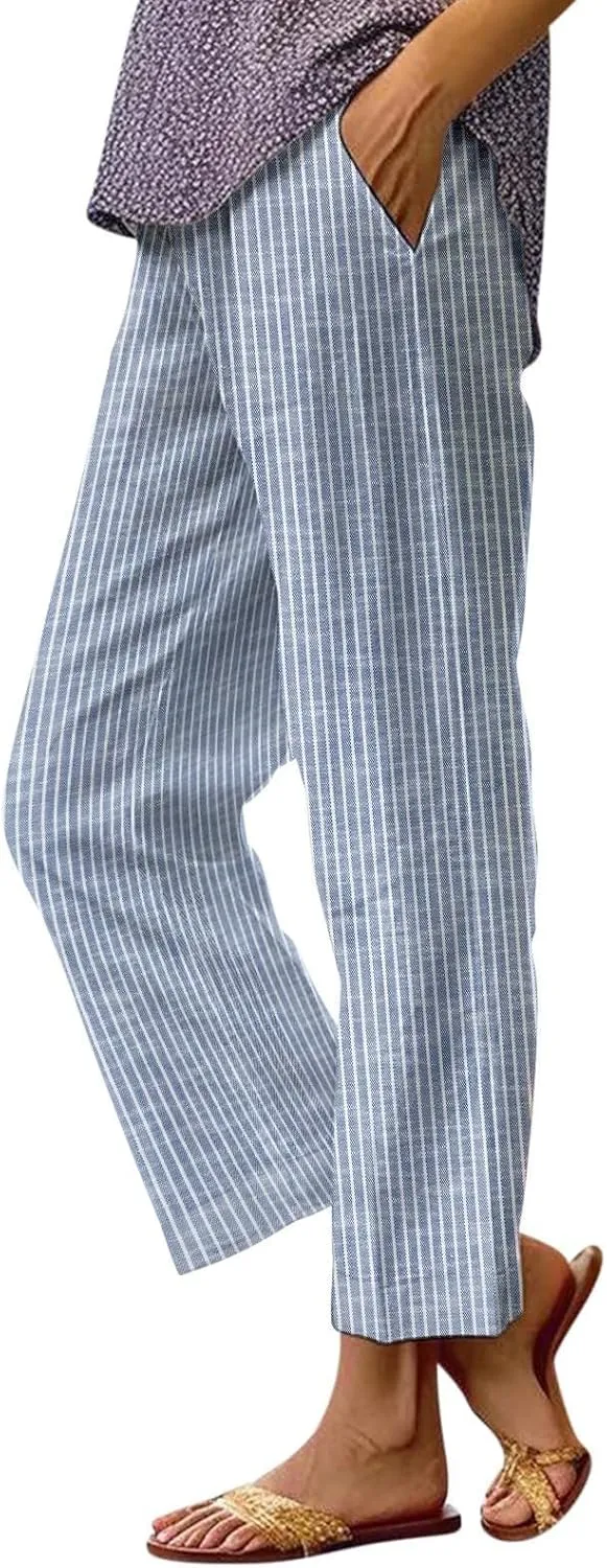 Lmdudan Cotton Linen Pants Women Elastic Waisted Drawstring Summer Cropped Pant Travel Vacation Beach Baggy Capri Trousers