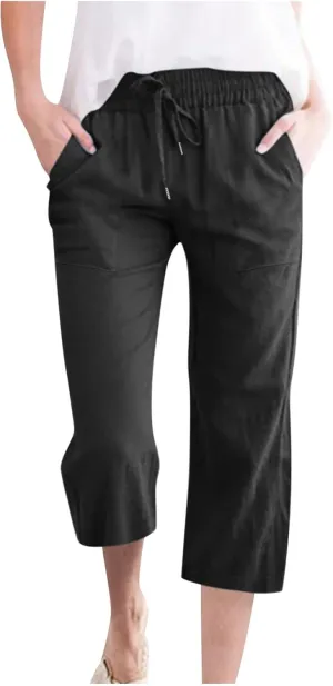 Lmdudan Linen Capri Pants for Women Summer Casual 2025 Womens Capris with Pockets High Waisted Drawstring Cropped Trousers
