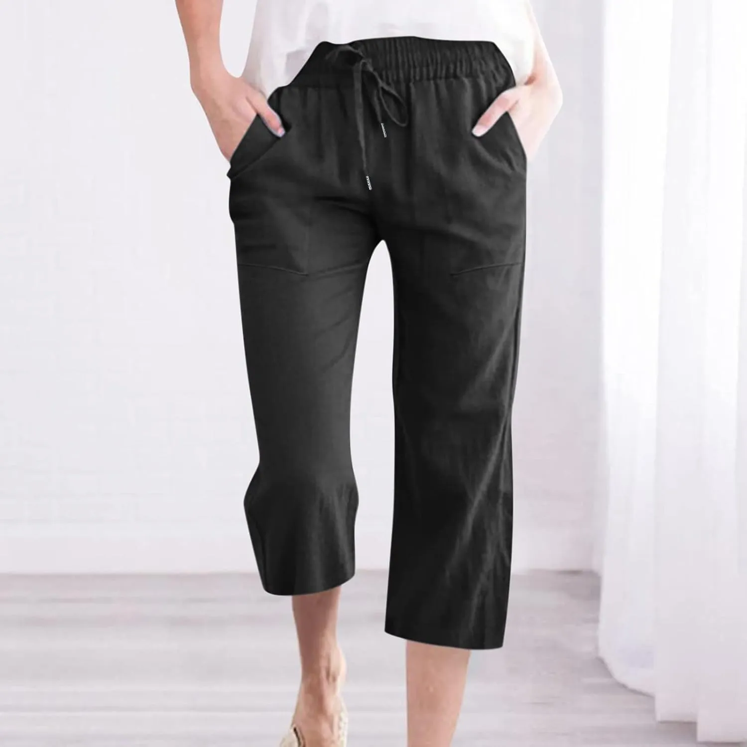 Lmdudan Linen Capri Pants for Women Summer Casual 2025 Womens Capris with Pockets High Waisted Drawstring Cropped Trousers