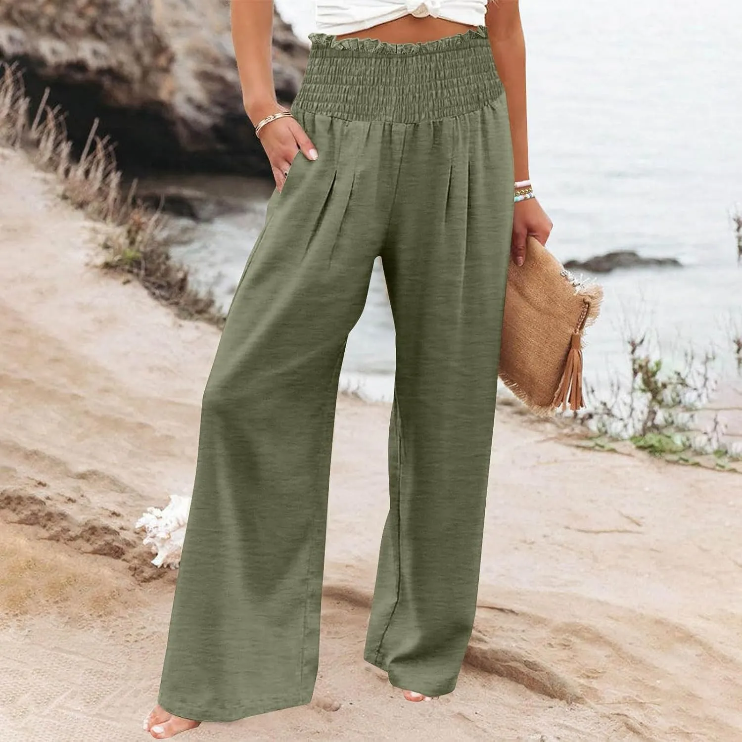 Lmdudan Tummy Control Cotton Linen Pants for Women High Waisted Lounge Pants Casual Wide Leg Trouser Sweatpants with Pockets