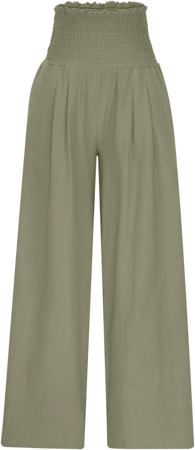 Lmdudan Tummy Control Cotton Linen Pants for Women High Waisted Lounge Pants Casual Wide Leg Trouser Sweatpants with Pockets