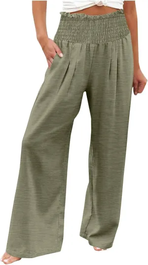 Lmdudan Tummy Control Cotton Linen Pants for Women High Waisted Lounge Pants Casual Wide Leg Trouser Sweatpants with Pockets