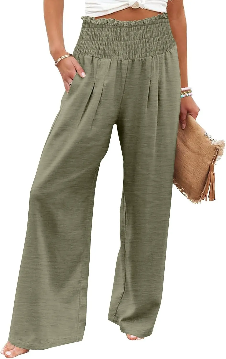 Lmdudan Tummy Control Cotton Linen Pants for Women High Waisted Lounge Pants Casual Wide Leg Trouser Sweatpants with Pockets