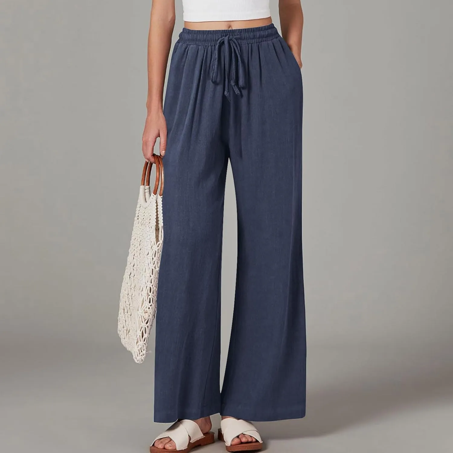 Lmdudan Wide Leg Pants Women Linen High Waisted Pull On Flowy Pants Casual Baggy Drawstring Palazzo Trousers with Pockets