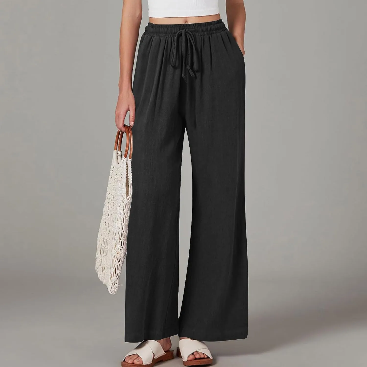 Lmdudan Wide Leg Pants Women Linen High Waisted Pull On Flowy Pants Casual Baggy Drawstring Palazzo Trousers with Pockets