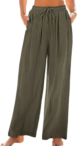 Lmdudan Wide Leg Pants Women Linen High Waisted Pull On Flowy Pants Casual Baggy Drawstring Palazzo Trousers with Pockets