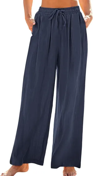 Lmdudan Wide Leg Pants Women Linen High Waisted Pull On Flowy Pants Casual Baggy Drawstring Palazzo Trousers with Pockets