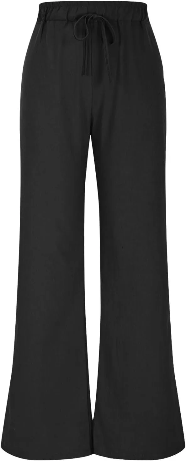 Lmdudan Wide Leg Pants Women Linen High Waisted Pull On Flowy Pants Casual Baggy Drawstring Palazzo Trousers with Pockets