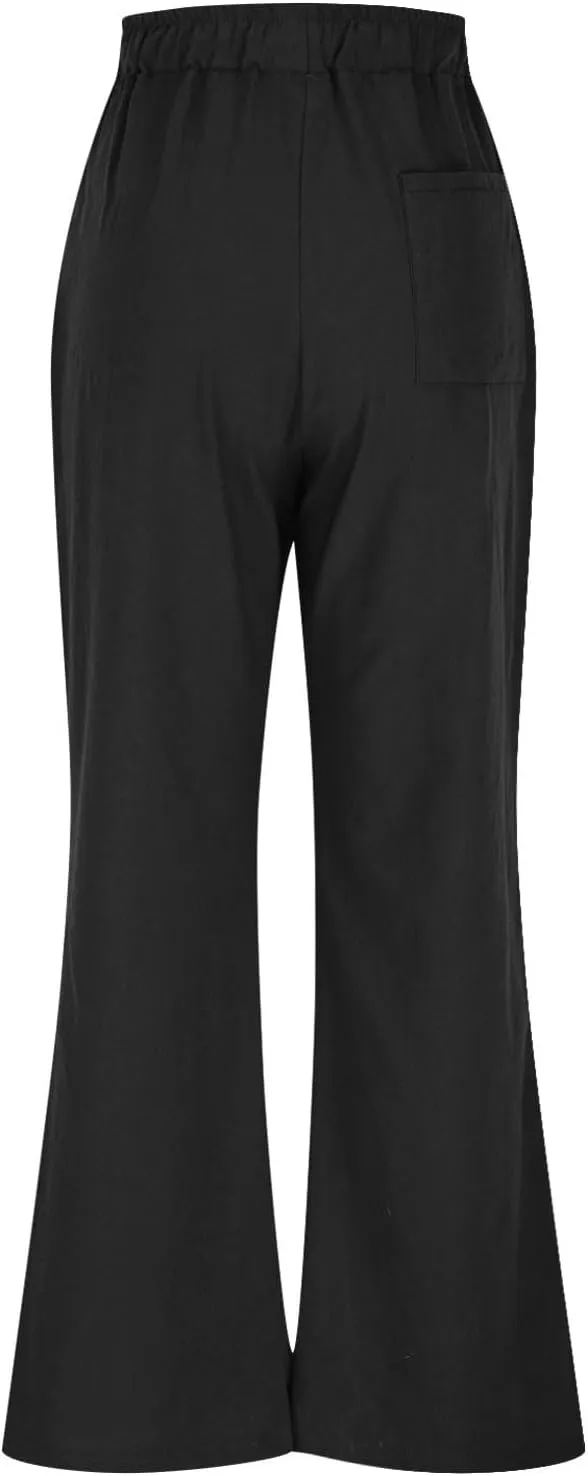 Lmdudan Wide Leg Pants Women Linen High Waisted Pull On Flowy Pants Casual Baggy Drawstring Palazzo Trousers with Pockets