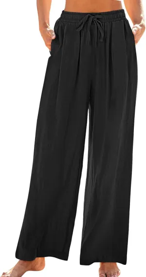 Lmdudan Wide Leg Pants Women Linen High Waisted Pull On Flowy Pants Casual Baggy Drawstring Palazzo Trousers with Pockets