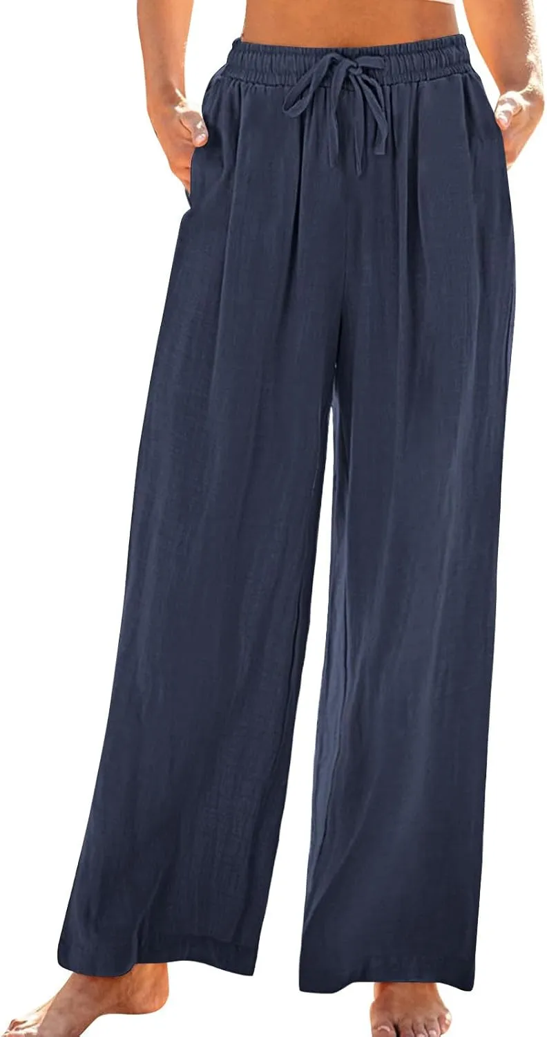 Lmdudan Wide Leg Pants Women Linen High Waisted Pull On Flowy Pants Casual Baggy Drawstring Palazzo Trousers with Pockets