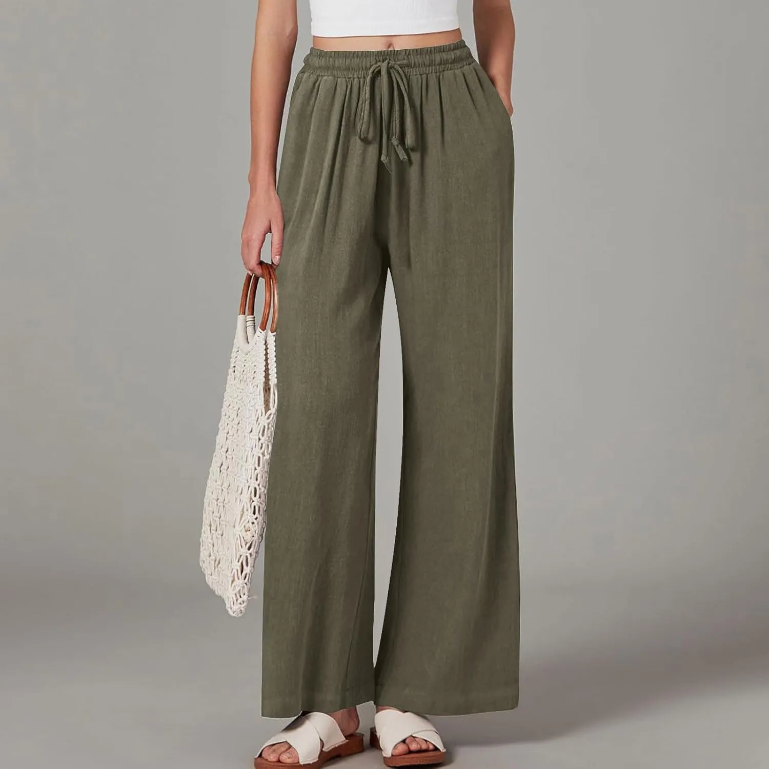 Lmdudan Wide Leg Pants Women Linen High Waisted Pull On Flowy Pants Casual Baggy Drawstring Palazzo Trousers with Pockets