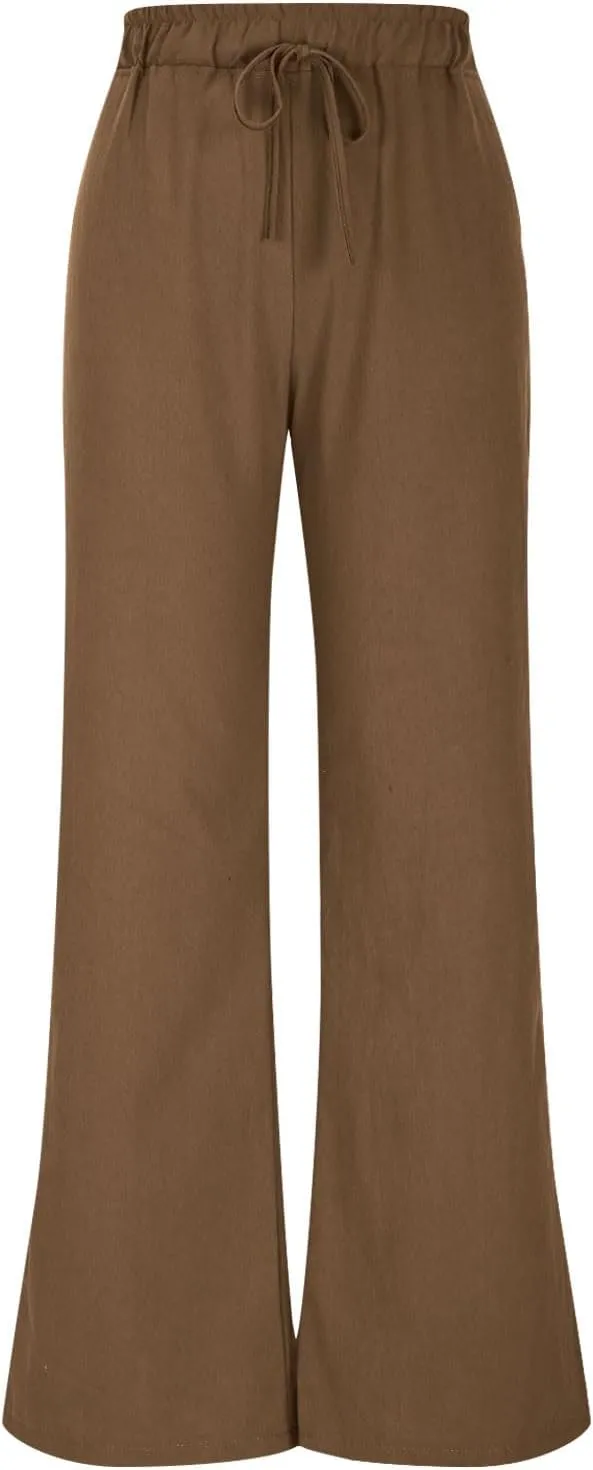 Lmdudan Wide Leg Pants Women Linen High Waisted Pull On Flowy Pants Casual Baggy Drawstring Palazzo Trousers with Pockets