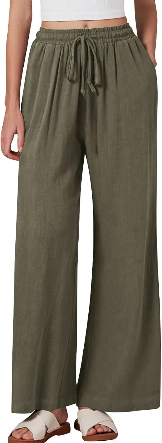 Lmdudan Wide Leg Pants Women Linen High Waisted Pull On Flowy Pants Casual Baggy Drawstring Palazzo Trousers with Pockets