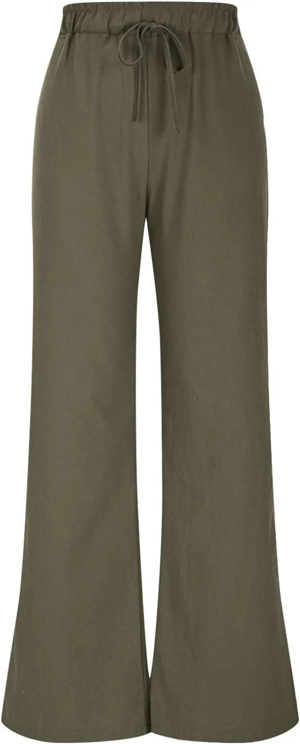 Lmdudan Wide Leg Pants Women Linen High Waisted Pull On Flowy Pants Casual Baggy Drawstring Palazzo Trousers with Pockets