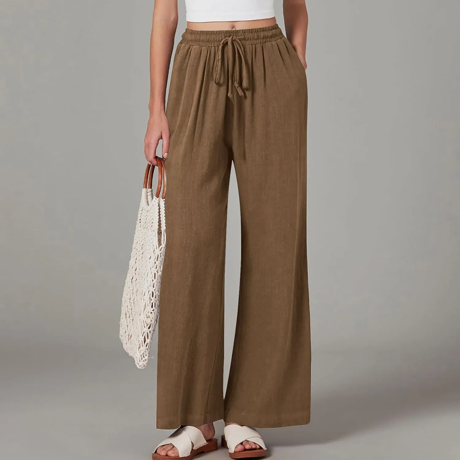 Lmdudan Wide Leg Pants Women Linen High Waisted Pull On Flowy Pants Casual Baggy Drawstring Palazzo Trousers with Pockets