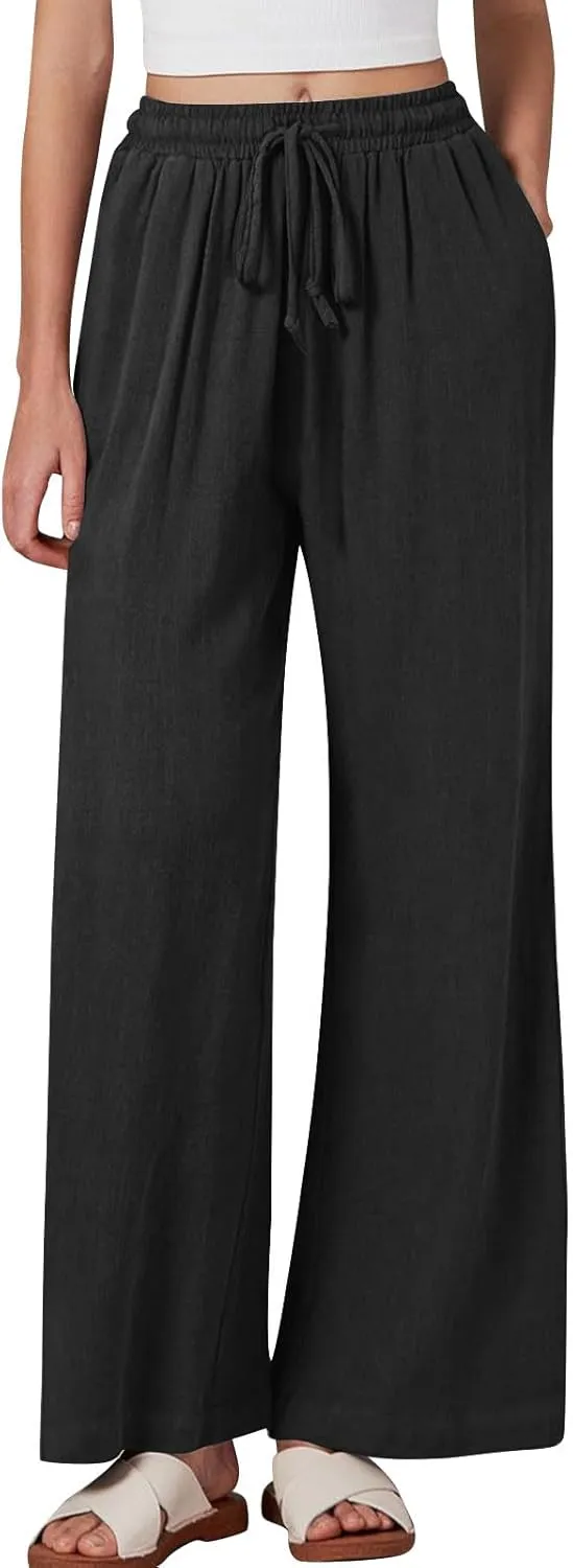 Lmdudan Wide Leg Pants Women Linen High Waisted Pull On Flowy Pants Casual Baggy Drawstring Palazzo Trousers with Pockets