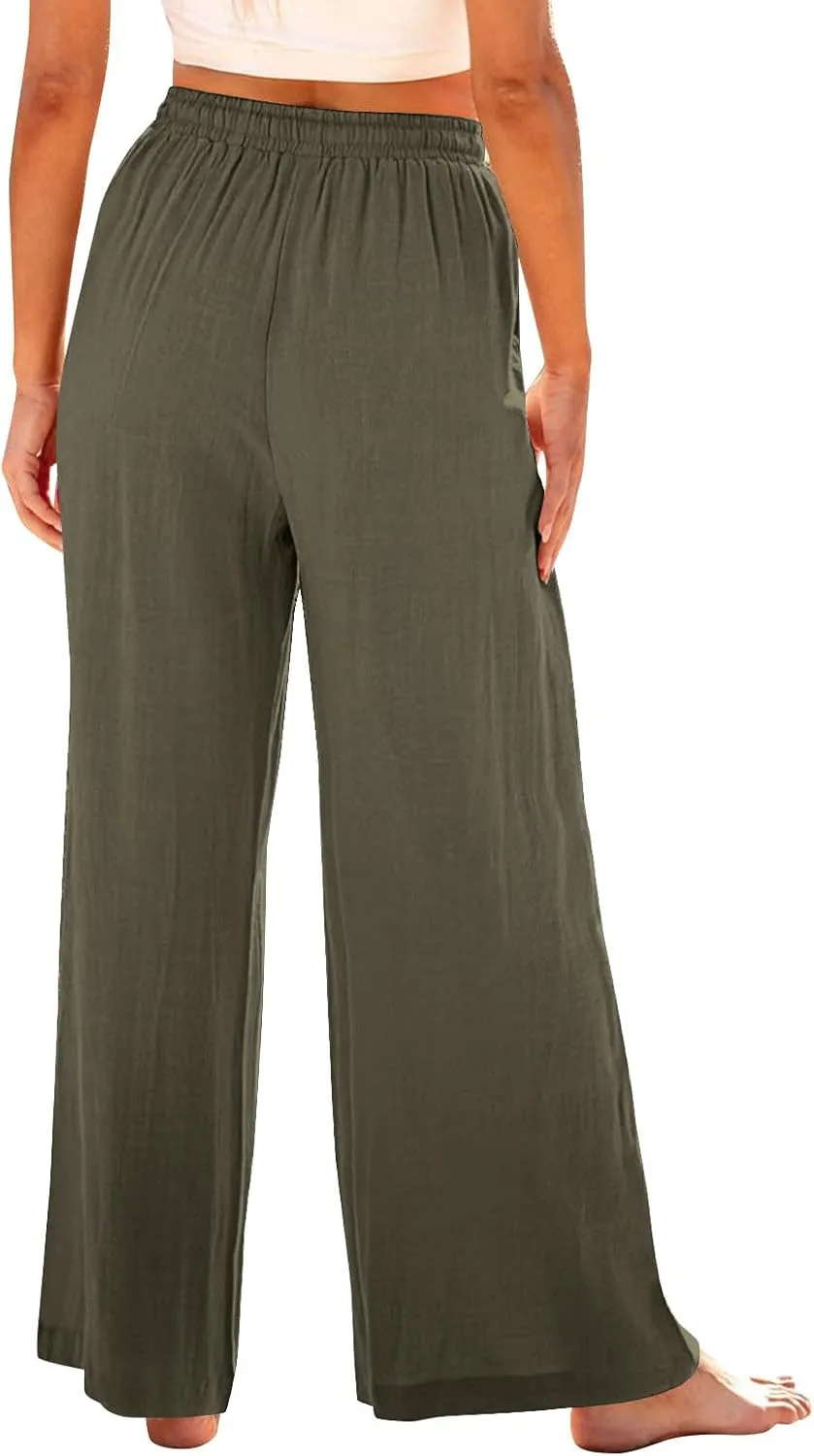 Lmdudan Wide Leg Pants Women Linen High Waisted Pull On Flowy Pants Casual Baggy Drawstring Palazzo Trousers with Pockets