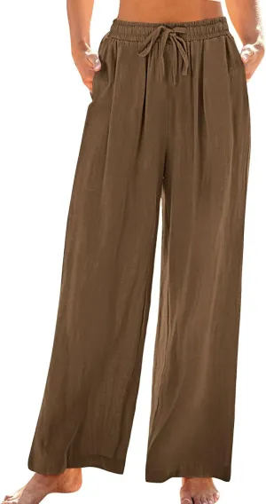 Lmdudan Wide Leg Pants Women Linen High Waisted Pull On Flowy Pants Casual Baggy Drawstring Palazzo Trousers with Pockets