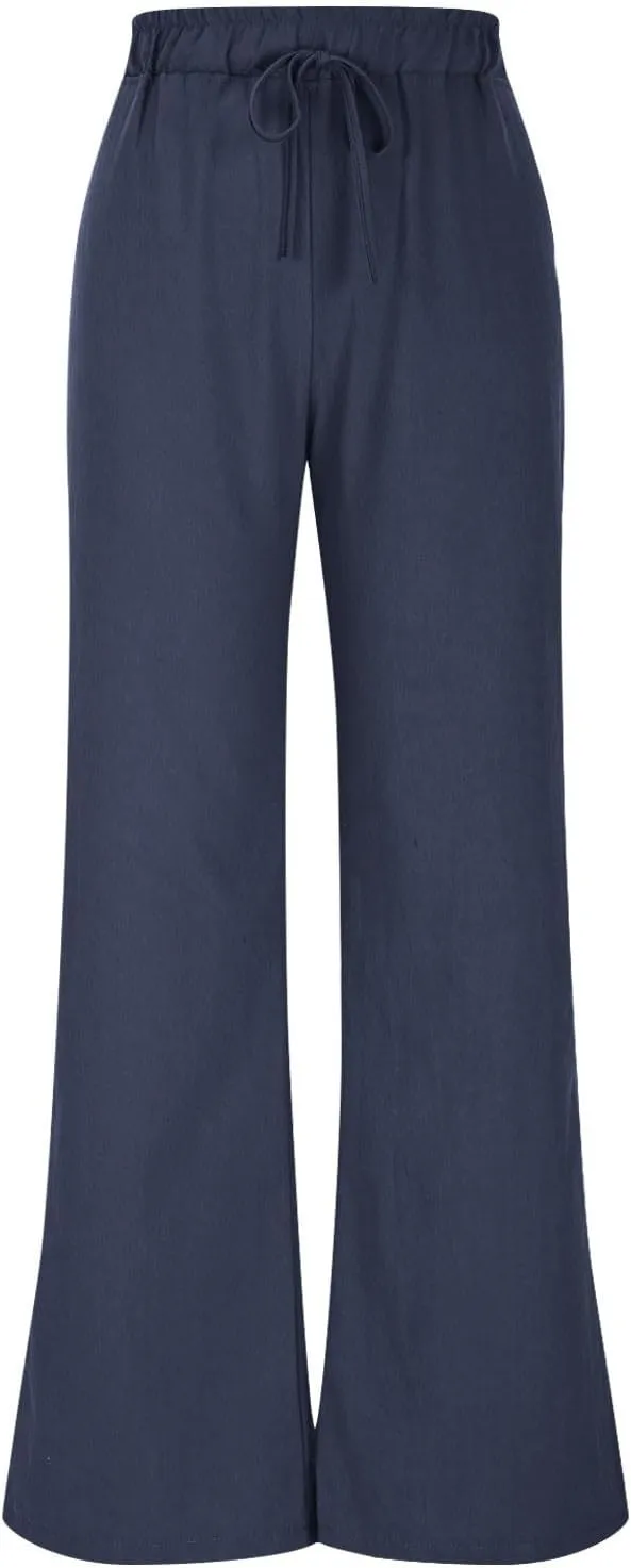 Lmdudan Wide Leg Pants Women Linen High Waisted Pull On Flowy Pants Casual Baggy Drawstring Palazzo Trousers with Pockets
