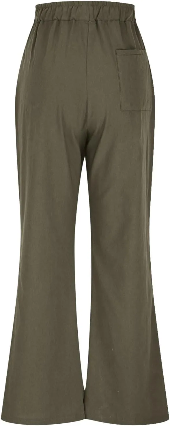 Lmdudan Wide Leg Pants Women Linen High Waisted Pull On Flowy Pants Casual Baggy Drawstring Palazzo Trousers with Pockets