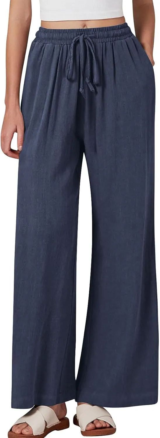 Lmdudan Wide Leg Pants Women Linen High Waisted Pull On Flowy Pants Casual Baggy Drawstring Palazzo Trousers with Pockets