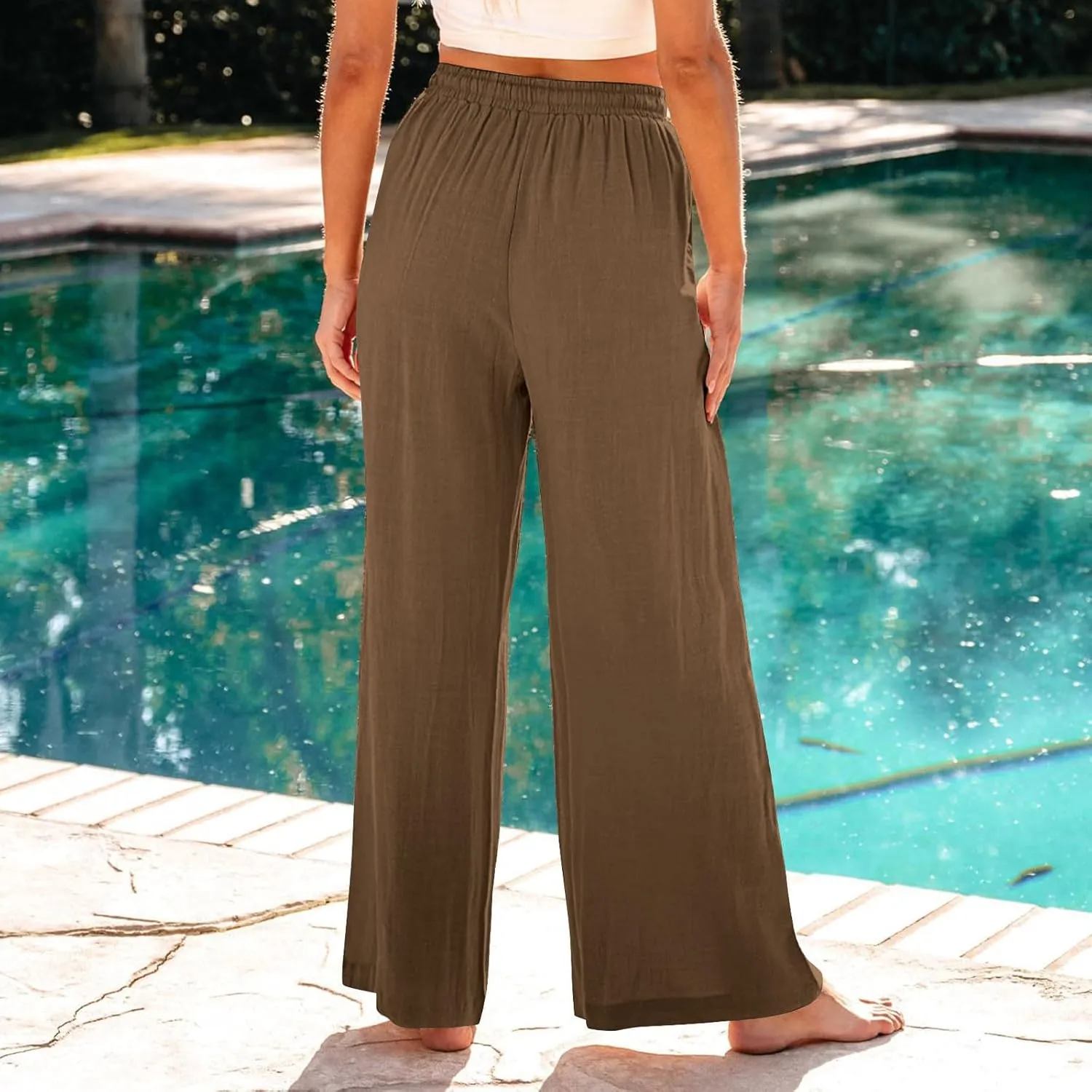 Lmdudan Wide Leg Pants Women Linen High Waisted Pull On Flowy Pants Casual Baggy Drawstring Palazzo Trousers with Pockets