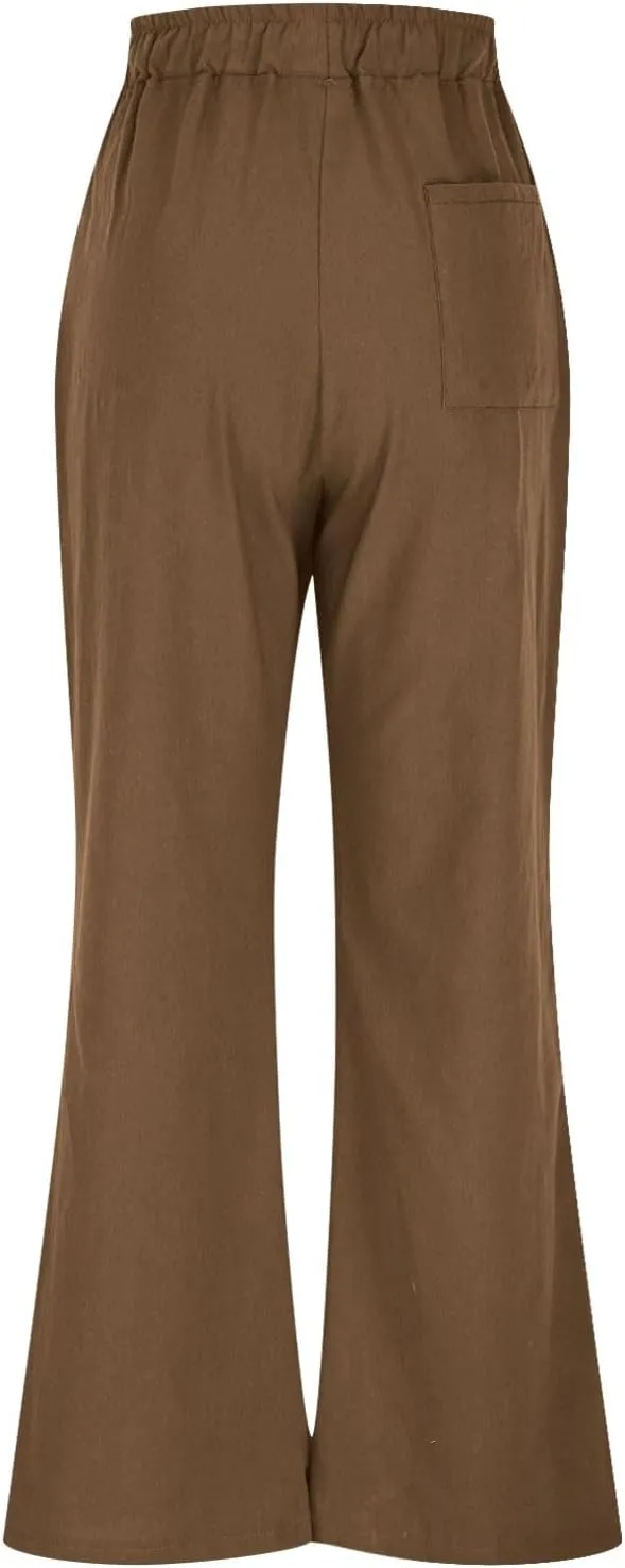 Lmdudan Wide Leg Pants Women Linen High Waisted Pull On Flowy Pants Casual Baggy Drawstring Palazzo Trousers with Pockets
