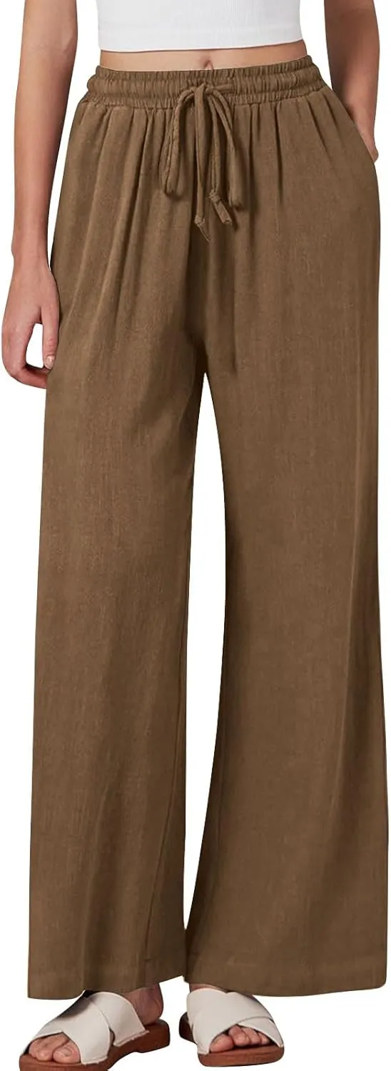 Lmdudan Wide Leg Pants Women Linen High Waisted Pull On Flowy Pants Casual Baggy Drawstring Palazzo Trousers with Pockets